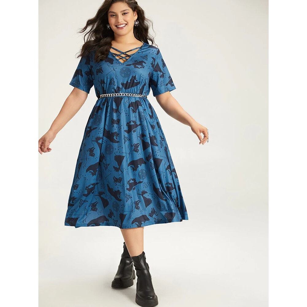 BloomChic Plus Size 30 6x Cat and Graphic Print Blue Dress With Pockets NWT